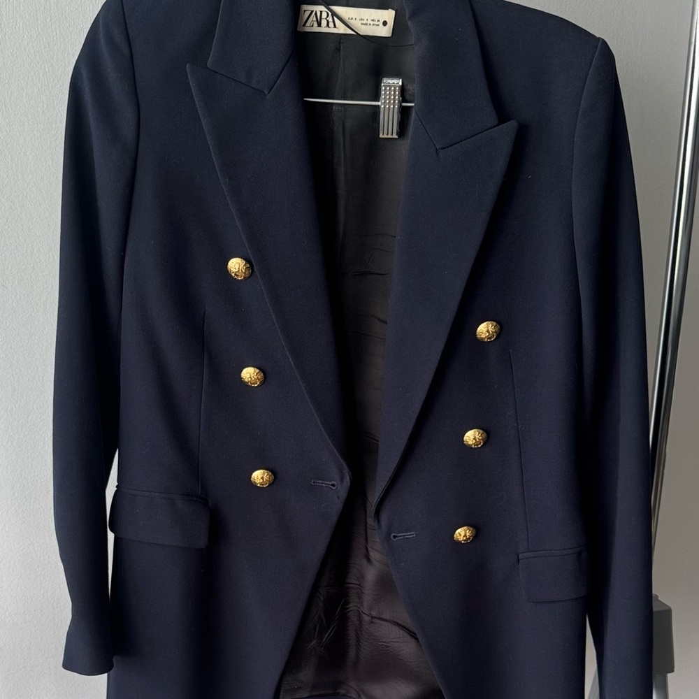 Zara Women's Dark Blue Blazer with Gold Buttons